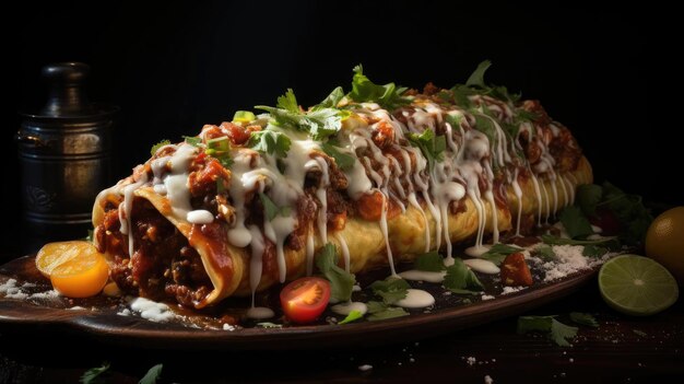 Enchiladas ripiene di verdure e carne con maionese fusa su un tavolo di legno