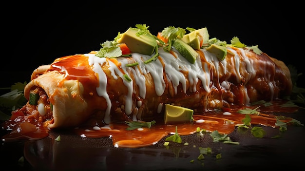 Enchiladas ripiene di verdure e carne con maionese fusa su un tavolo di legno