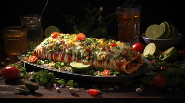 Enchiladas ripiene di verdure e carne con maionese fusa su un tavolo di legno