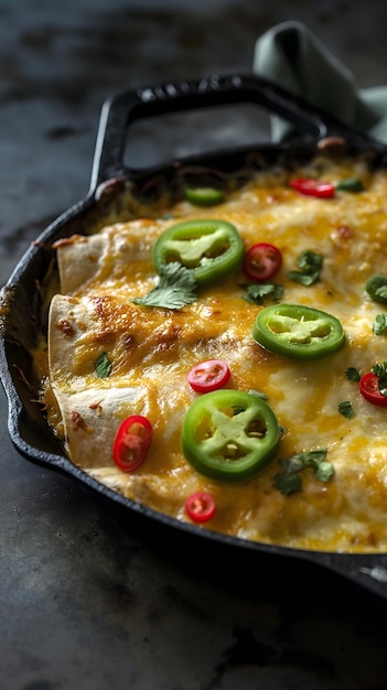 Enchilade di pollo al formaggio in padella con guarnizioni fresche