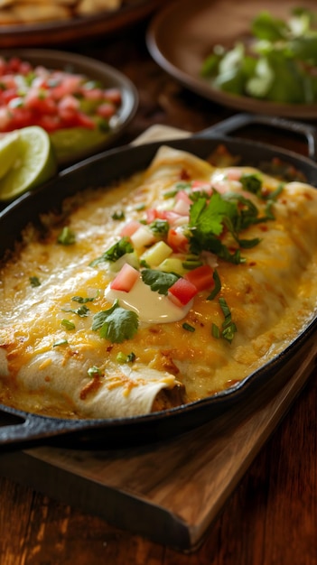 Enchilade di pollo al formaggio in padella con guarnizioni fresche