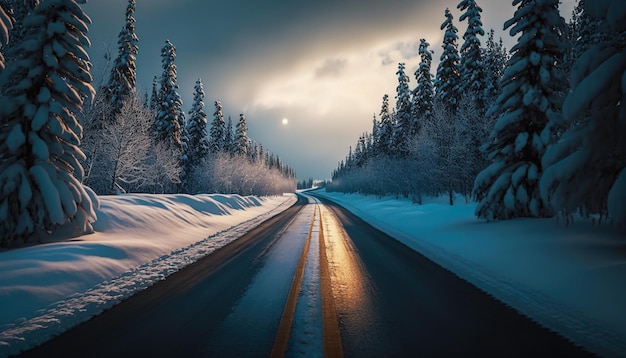 Endless Winter Road Lunga strada vuota che si estende nella distanza innevata IA generativa