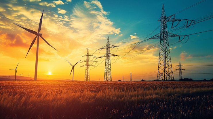 Foto energia e futuro impianto di celle solari e generatori eolici sotto il cielo blu al tramonto generativo ai