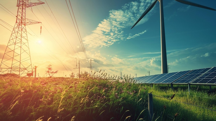 Foto energia e futuro impianto di celle solari e generatori eolici sotto il cielo blu al tramonto generativo ai