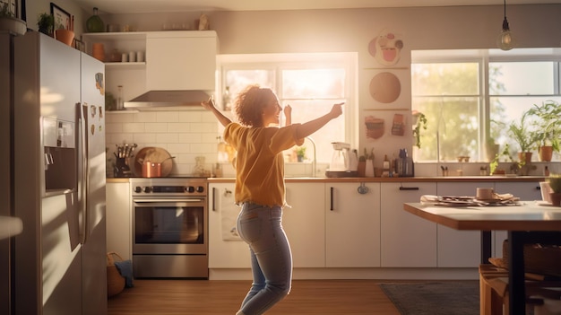 Energia giovanile Ragazza allegra che balla in cucina moderna