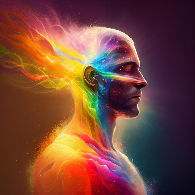 Energia interiore di un essere umano manifestata da una luce arcobaleno IA generativa