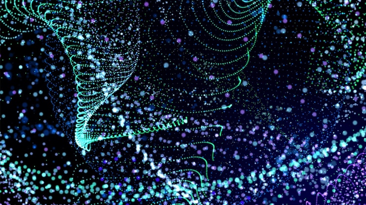 Energia potenza innovazione trasferimento dati neon colorato dot linea velocità percorso luce sul palco con bagliore sullo sfondo del cyber spazio