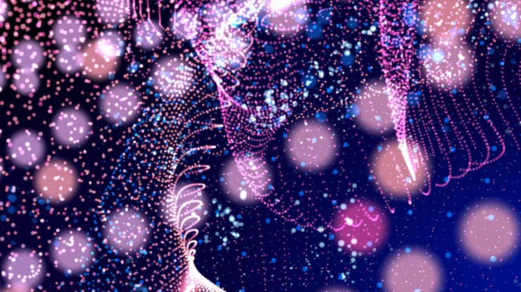 Energia potenza innovazione trasferimento dati neon colorato dot linea velocità percorso luce sul palco con bagliore sullo sfondo del cyber spazio