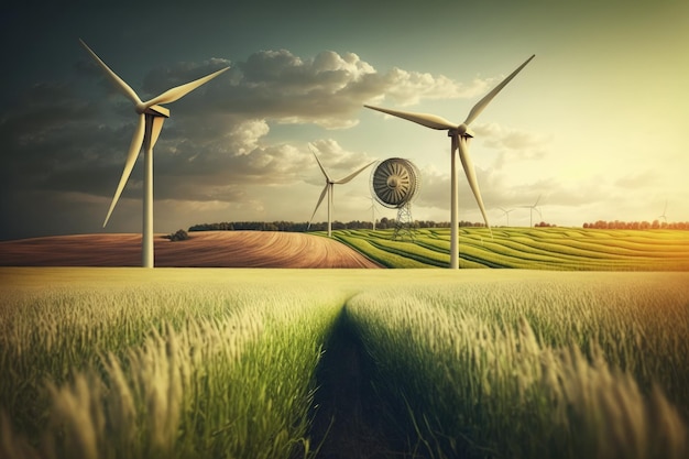 Energia rinnovabile al lavoro turbine eoliche in mezzo a un lussureggiante campo di grano