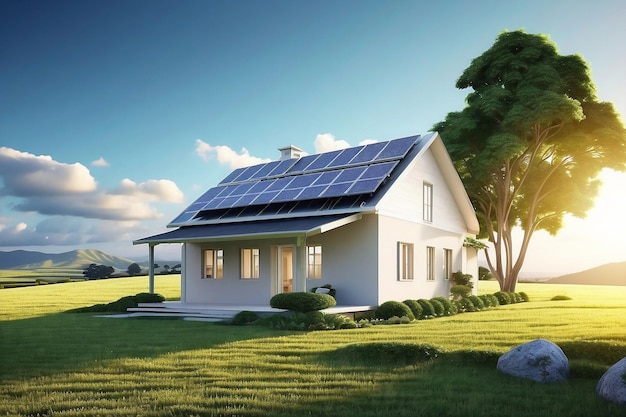 Energia solare Rendering 3D di una fattoria con pannelli fotovoltaici Paesaggio cittadino Sfondio