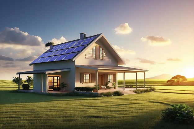Energia solare Rendering 3D di una fattoria con pannelli fotovoltaici Paesaggio cittadino Sfondio