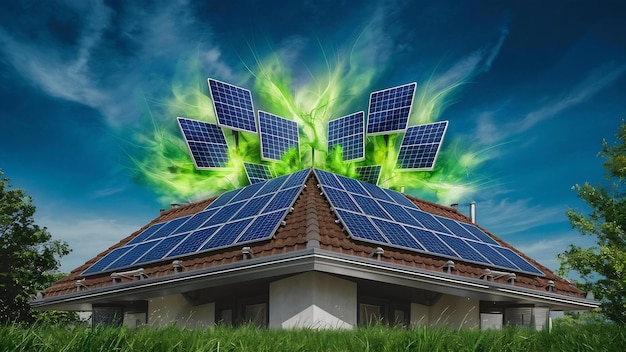 Energia verde di pannelli solari sul tetto di una casa