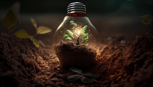 Energia verde e un futuro brillante Una lampadina nel suolo