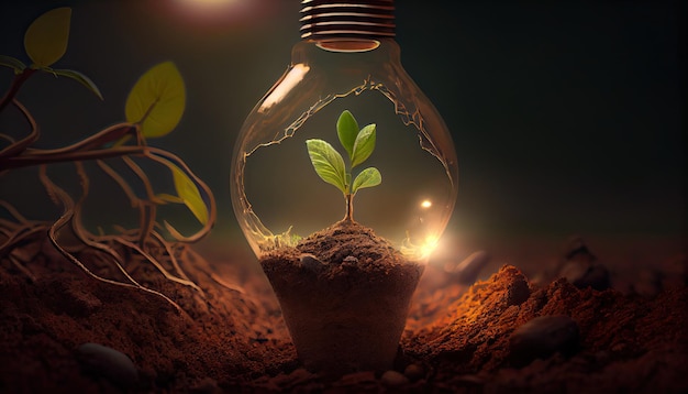 Energia verde e un futuro brillante Una lampadina nel suolo
