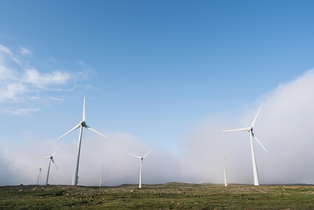 Energia verde rinnovabile sotto forma di parchi eolici sullo sfondo di nuvole e cielo blu