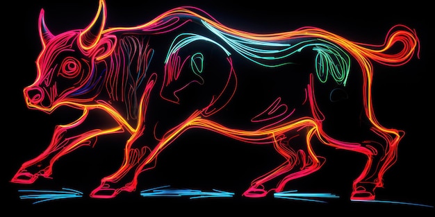 Energico Toro Neon Gesso Doodle Line Art con tratti rossi e riflessi al neon bianchi generati dall'intelligenza artificiale