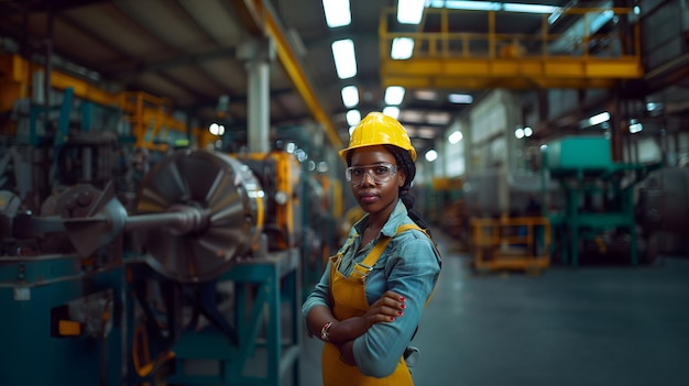 Engenheira com capacete amarelo em fabrica usando oculos de protecao