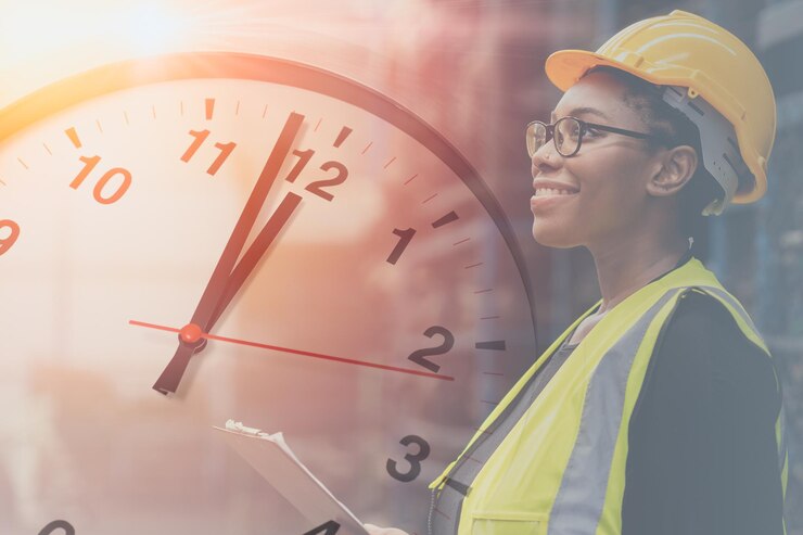 Engineer black smart woman worker in factory overlay with time clock for working hours concept