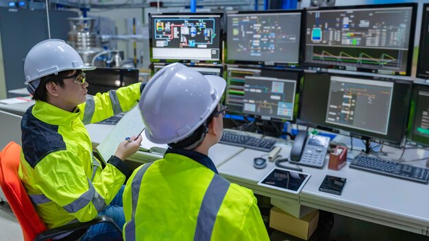 engineer working at control room in the factorymanager control system at industrial planttechnician man monitoring program from a lot of monitor