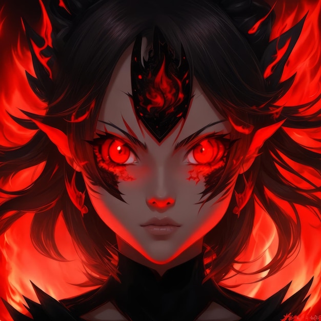 Enigmatica figura in stile anime con occhi rossi e fiamme IA generativa