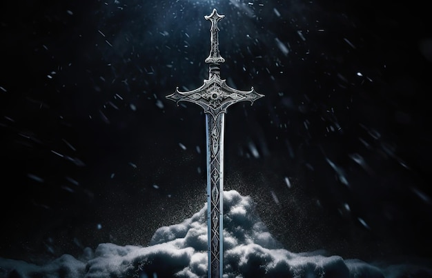 Enigmatica fotografia di spada d'argento su uno sfondo gotico innevato che evoca l'era medievale