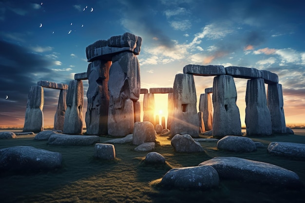 Enigmatica Stonehenge all'alba AI generativa