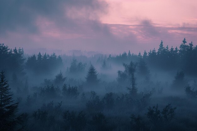 Enigmatici paesaggi coperti di nebbia all'alba