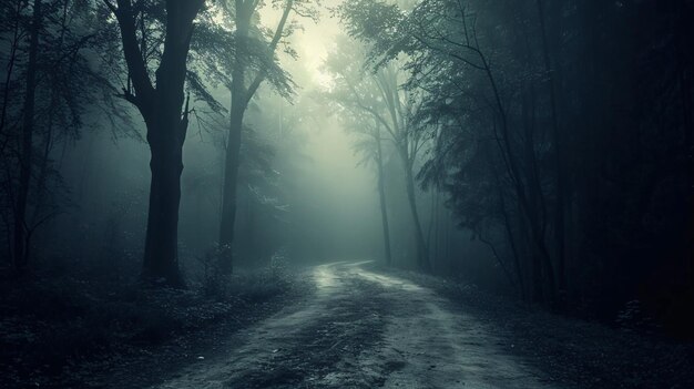 Enigmatico bosco ombreggiato sentiero nebbioso inquietante sfondo di Halloween foresta spaventosa con albero spettrale.
