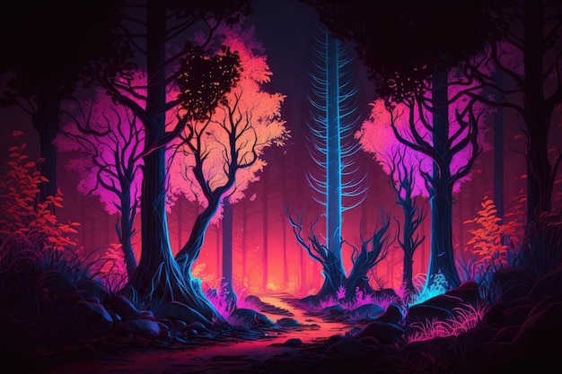 Enigmatico immaginario foresta al neon digitale cg arte concetto illustrazione neon sfondo natura