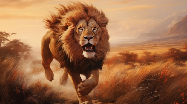 Enigmatico leone che corre su una collina Pittura digitale in stile realistico