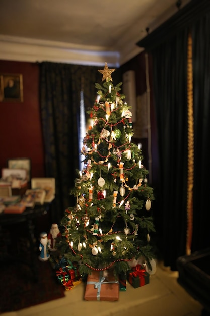 Enorme albero di Natale con una decorazione luminosa in una piazza della città