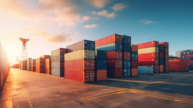 Enorme area per lo stoccaggio e la contabilità del carico portuale in container Affari globali del trasporto di merci in container Contenitore in magazzino nel porto di spedizione