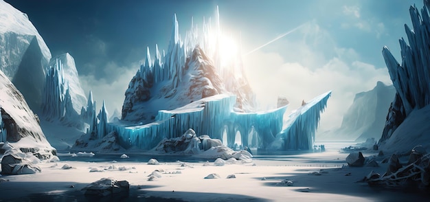 Enorme cittadella di ghiaccio in Antartide che brilla al sole giorno super luminoso AIGenerato