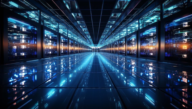 Enorme e infinito Data Center con server rack generativa AI