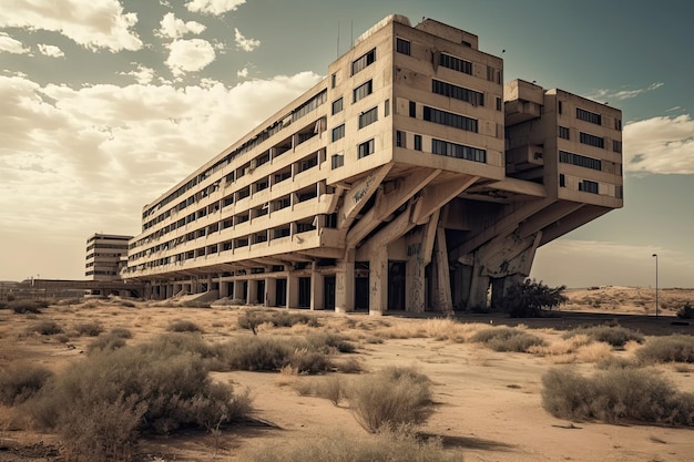 Enorme edificio abbandonato progettato nello stile architettonico brutalista Generative AI