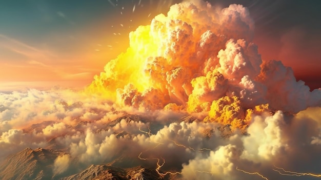 Enorme esplosione di nuvole con fumo e fuoco
