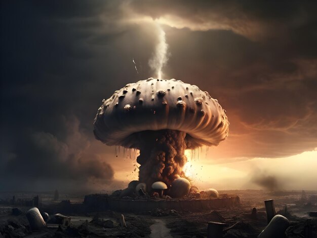 Enorme esplosione di una bomba nucleare fine del mondo giorno del giudizio mondiale in un post generato da Ai