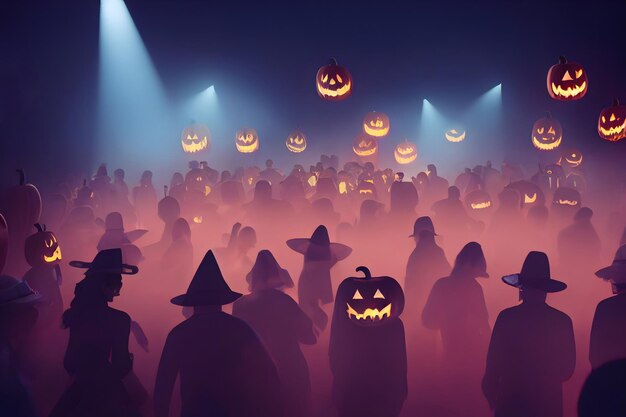 Enorme festa di Halloween con molte persone in costume irriconoscibili che ballano in un ambiente nebbioso neurale