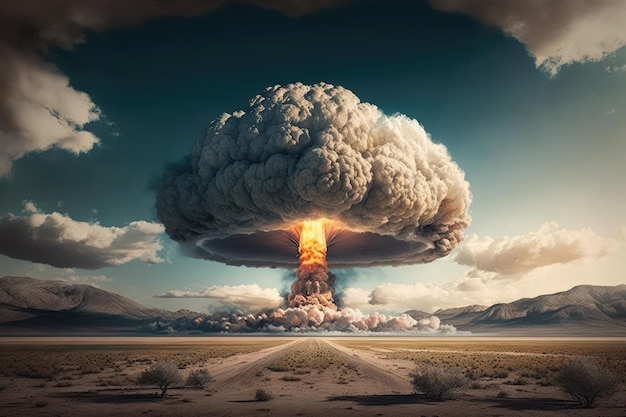Enorme fungo atomico che sale nel cielo dopo l'esplosione nucleare creata con l'IA generativa