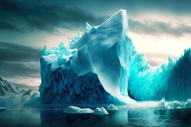 Enorme iceberg galleggiante con cime affilate e picco bianco come la neve in una giornata nuvolosa