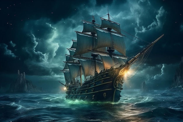 Enorme nave pirata nel mare in tempesta di notte Bella immagine illustrazione Generative AI