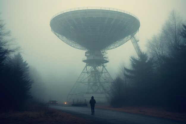 Enorme radiotelescopio puntato direttamente nel cielo La silhouette di un radioteleskopio nel deserto al tramonto