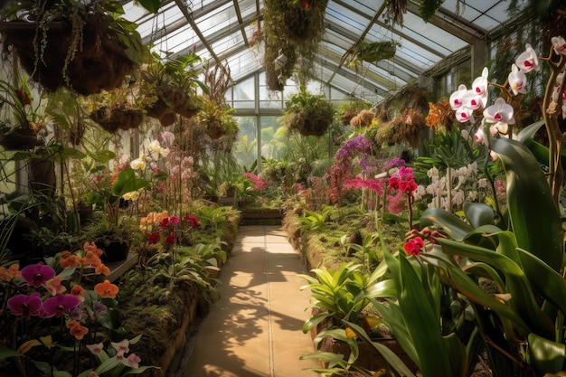Enorme serra piena di piante e orchidee esotiche