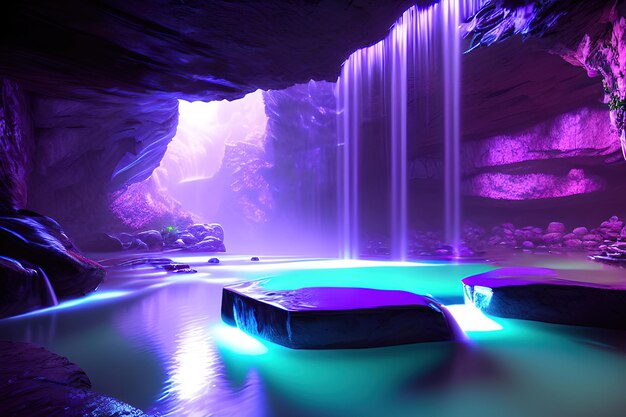 enorme spa in una grotta bagnata, cascata, illuminazione viola
