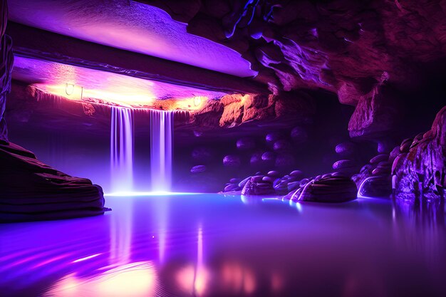 enorme spa in una grotta bagnata, cascata, illuminazione viola