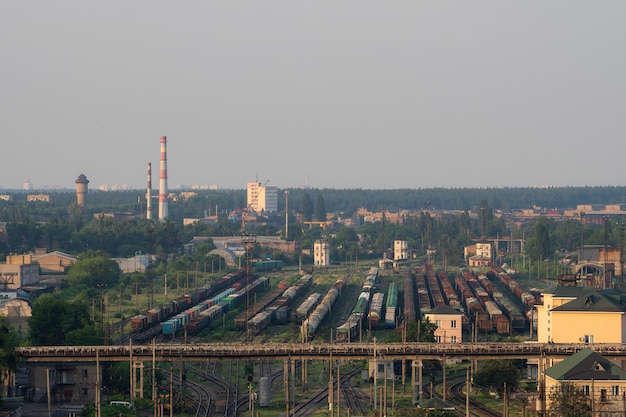 Enorme stazione merci con molti treni e vagoni per il trasporto merci cargo