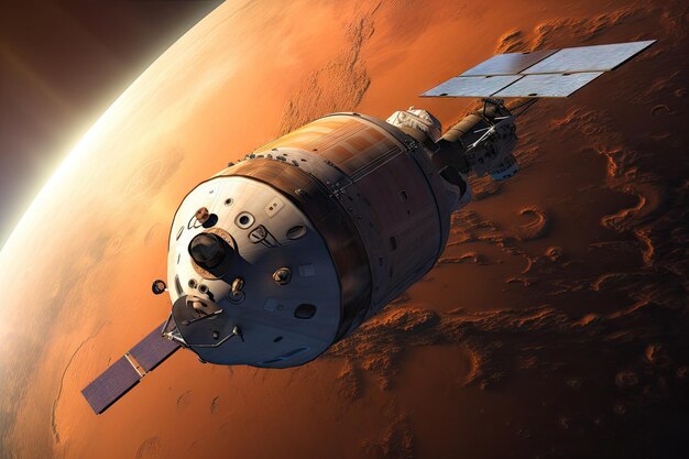 Enorme veicolo spaziale che lascia il pianeta rosso diretto verso nuove avventure nello spazio