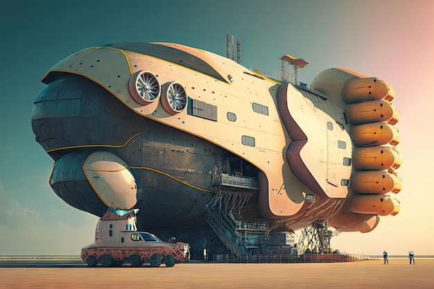 Enorme vettore di carico a forma di astronave nel futuristico porto mercantile del futuro creato con generativ