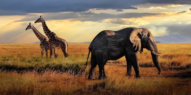 Enormi elefanti africani e giraffe nel Parco Nazionale del Serengeti Tanzania Safari africano Formato Banner