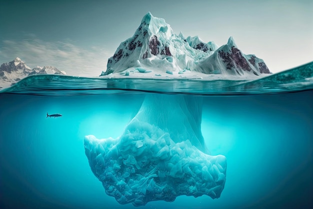 Enormi iceberg galleggianti sottomarini e cime bianche come la neve sopra l'acqua
